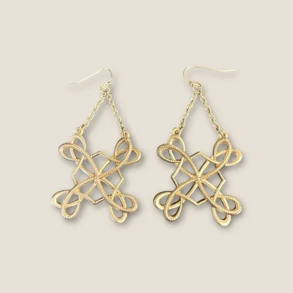 Open Filigree Scroll Gold-Tone Dangle Drop Earrings Vintage Jewelry - Picture 2 of 2